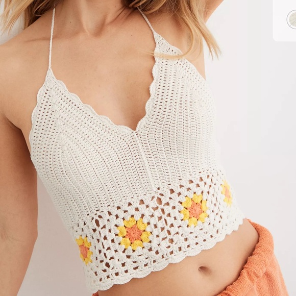 aerie Tops - Aerie Crochet Textured Floral Cropped Halter Bra Top XS Neutral